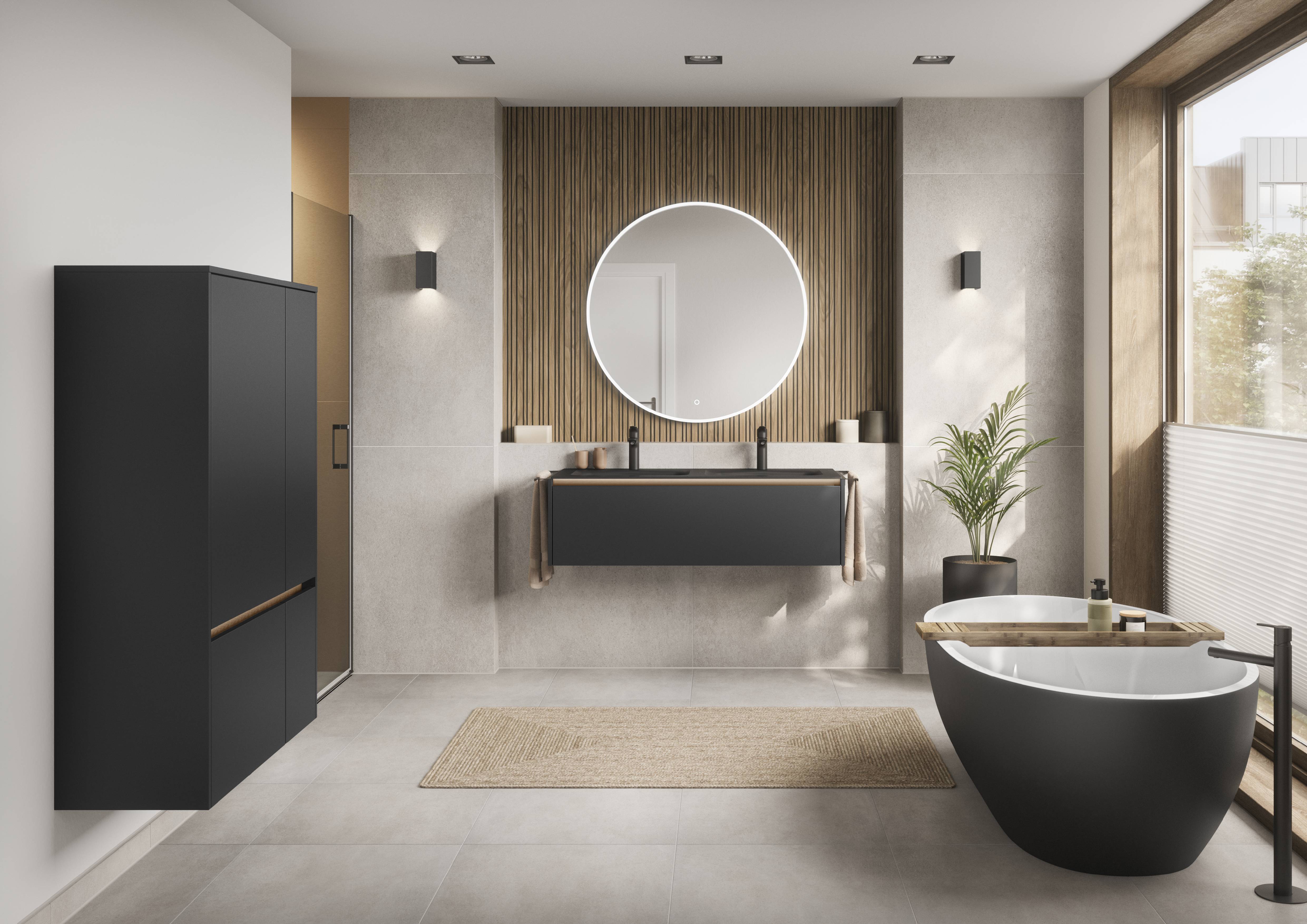 Edles Badezimmer hellgrau gefliest mit schwarzem Waschtisch, Armaturen und Doppelbecken - freistehende schwarze Badewanne - links griffloses hängend montiertes Highboard Nobilia Senso